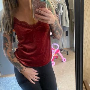 Spaghetti strap red velvet and lace tank top
